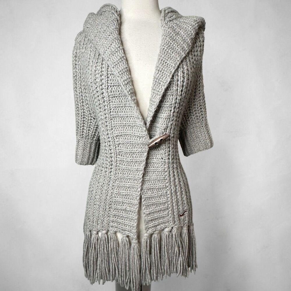 Vintage Hollister Sweater Women's M/L Gray Chunky Wool Blend Hooded Toggle Y2K